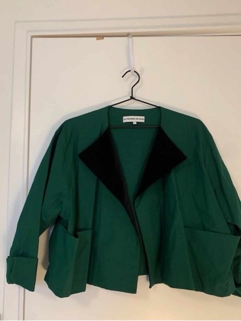 Les Prairies de Paris Green Bolero Jacket with Black Velvet Collar Sz Small